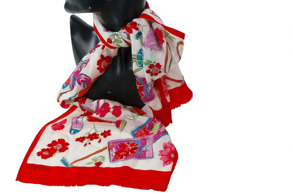 Vintage Oscar De La Renta Garden Tool Floral Silk Scarf Red White Long 51x10